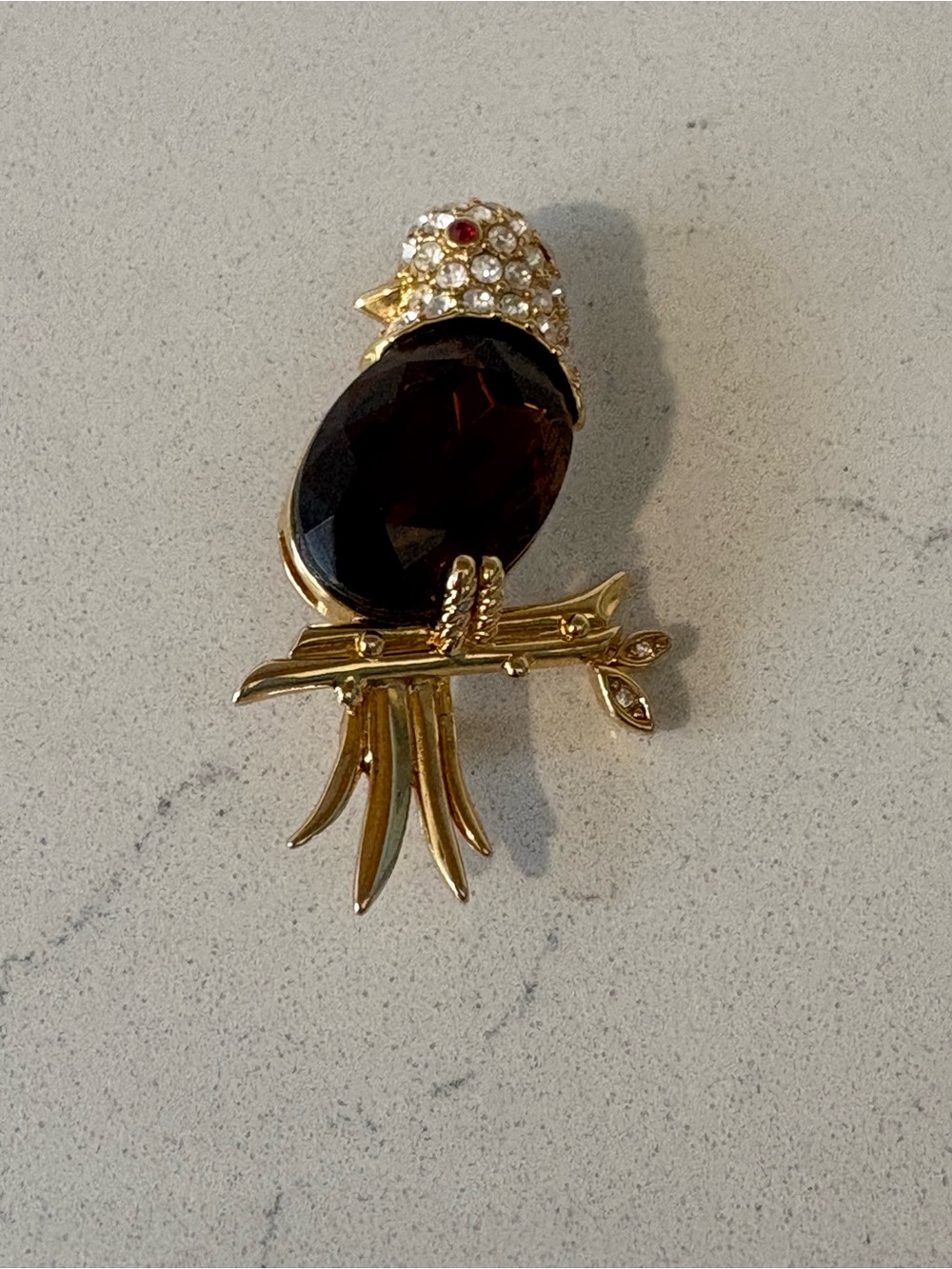 Joan Rivers Gold Tone bird Brooch with Smoky Gem and Crystal Head